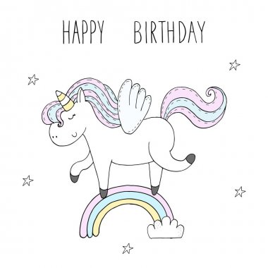 Şirin unicorn çocuklar için yazdırma. mutlu doğum günü kartı