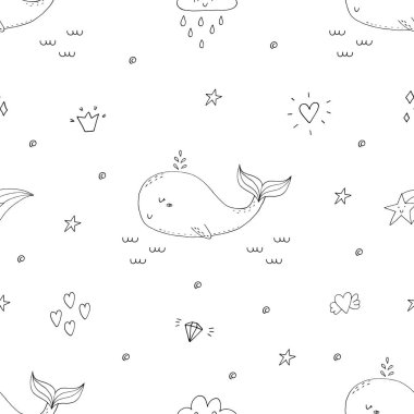 Sevimli çizgi film balinalar ile arka plan. Bebek duş tasarım.