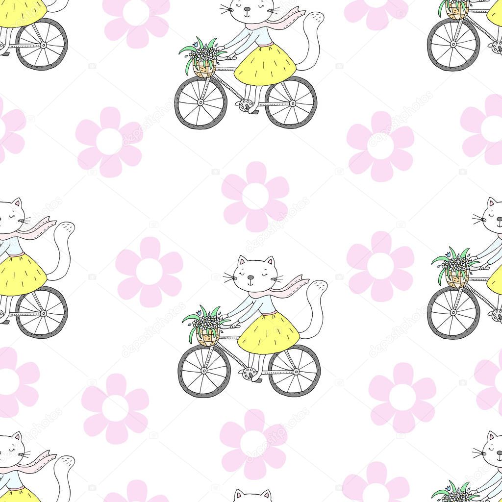 Seamless pattern with cute little cat. vector illustration