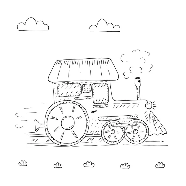 Kézzel rajzolt oldal kifestőkönyv vonat rajzfilm vektoros illusztráció. Nyomtatható sablonok — Stock Vector