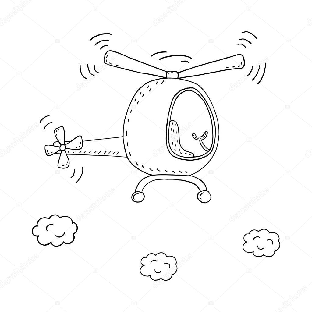 Hand drawn page for coloring book with helicopter cartoon vector illustration