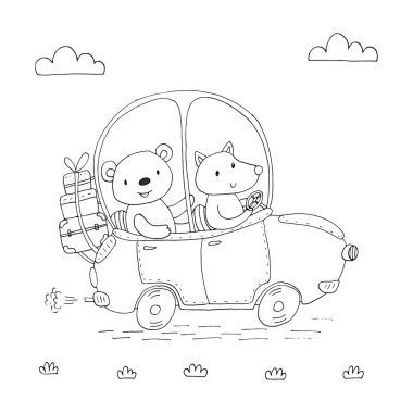 Vektör kartı şirin teddi ayı ve kurt arabada seyahat vakti geldi. vektör yazdırma