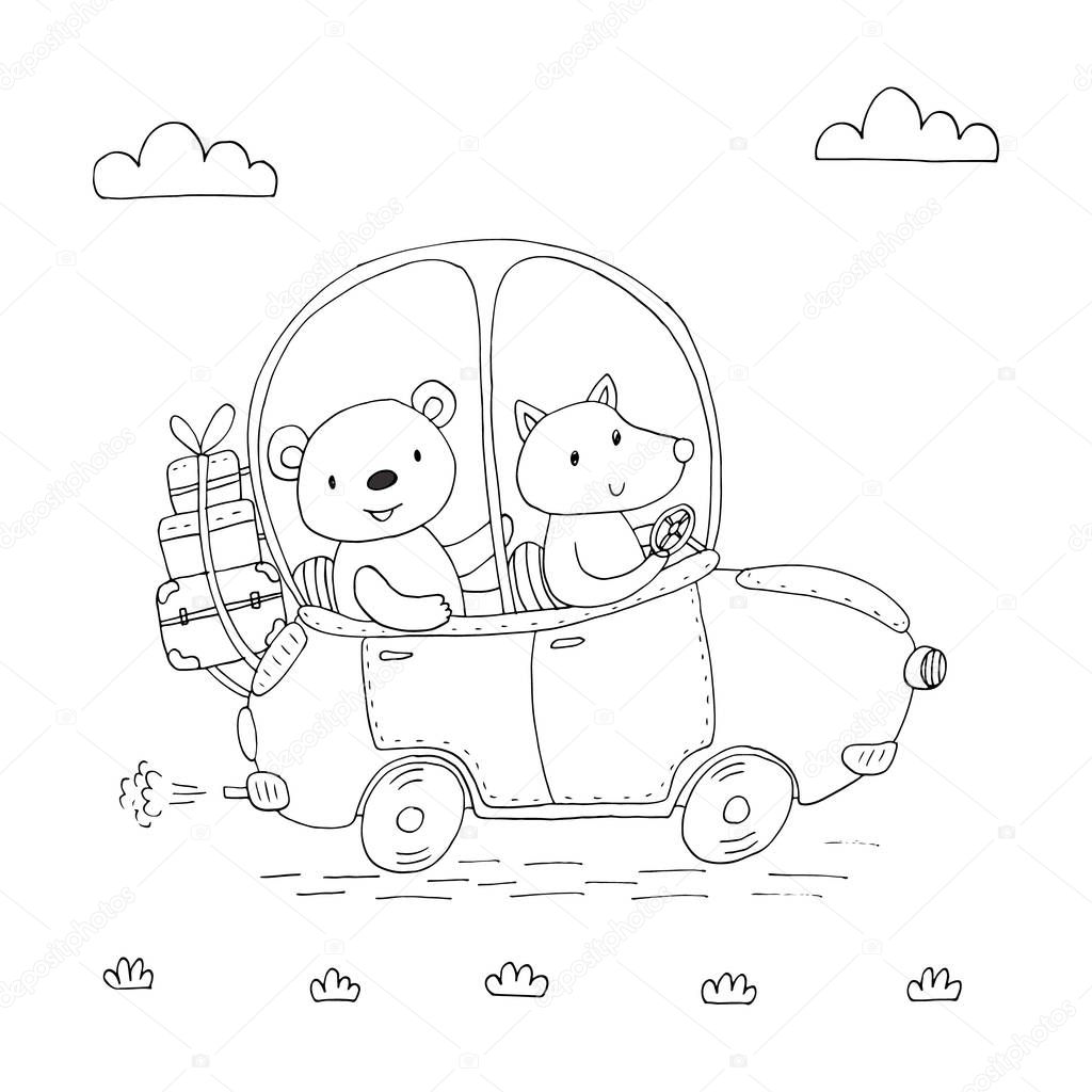 Time to travel vector card with cute teddi bear and wolf in the car. vector print