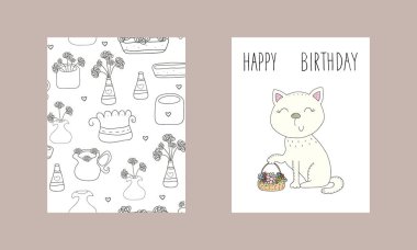 Kedi baskı ve çiçekler ile şirin el çizilmiş kartı. Yazdırılabilir şablonları