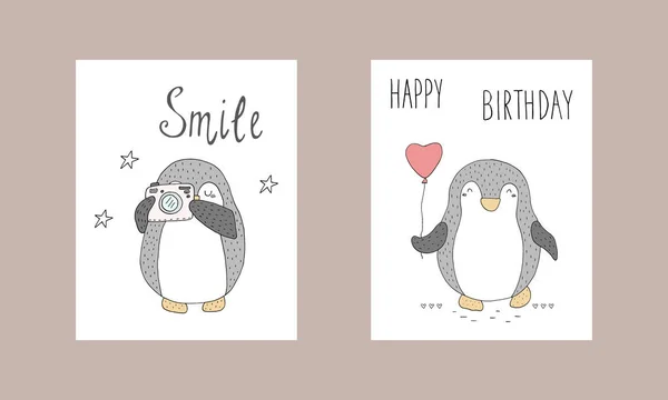 Ładna ręcznie rysowane karty z pingwiny. Szablony do druku — Wektor stockowy