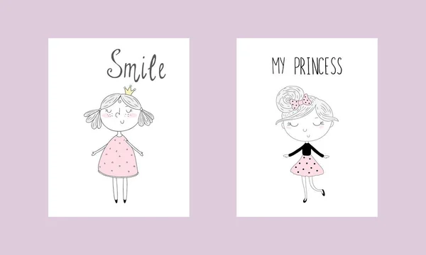 Cute hand drawn card with cute little girl. Printable template — Stock Vector