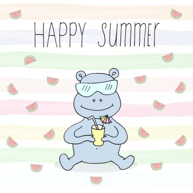 mutlu doğum günü kartı vektör komik su aygırı ile.