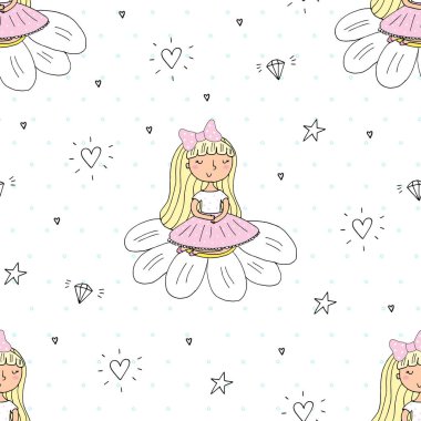 Şirin el sevimli küçük kız vektör Dikişsiz desen çizim ile çekilmiş