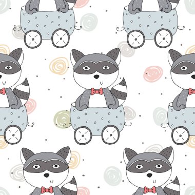 El karavanda şirin Rakunla ilgili çizilmiş seamless modeli. Desen çocuklar için yazdırma