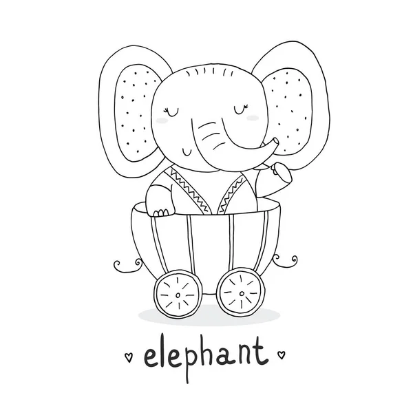 Hand dras sidan för målarbok med söt elefant i trailern. skriva ut för barnen — Stock vektor