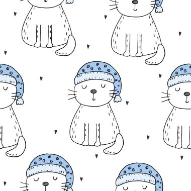 Şirin kedi ile çizilmiş seamless modeli el, Gösterim çocuklar vektör yazdırma amacıyla doodle