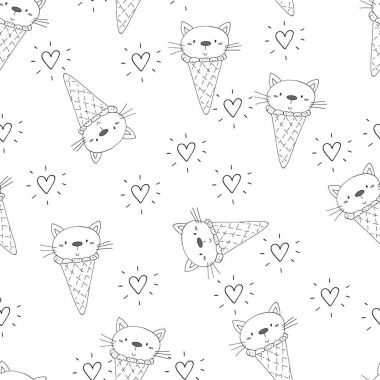 Şirin kedi ile çizilmiş seamless modeli el, Gösterim çocuklar vektör yazdırma amacıyla doodle