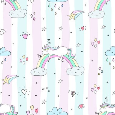 Şirin el tek boynuzlu at vektör desen çekilmiş. vektör çizim