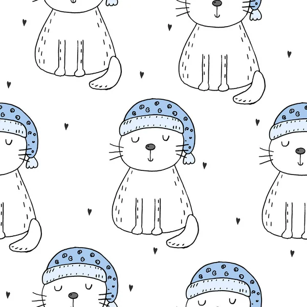 Şirin kedi ile çizilmiş seamless modeli el, Gösterim çocuklar vektör yazdırma amacıyla doodle