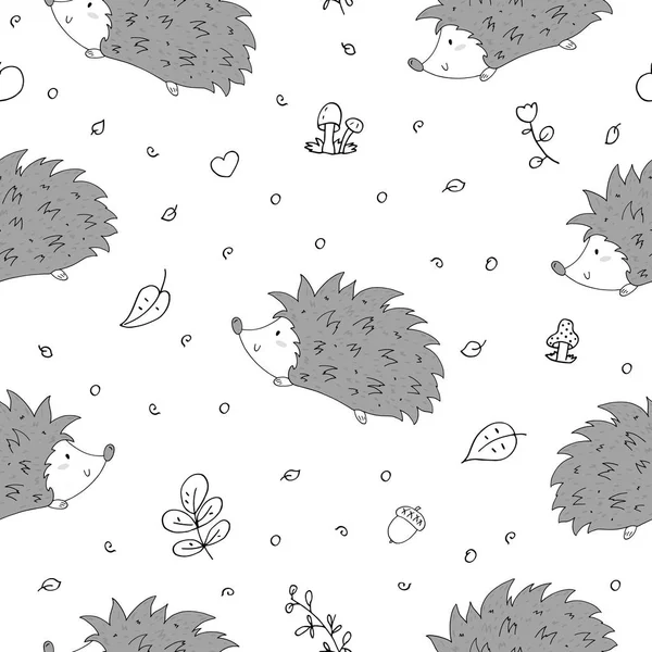 Hand Drawn seamless cute hedgehog pattern vector illustration. — Stock Vector