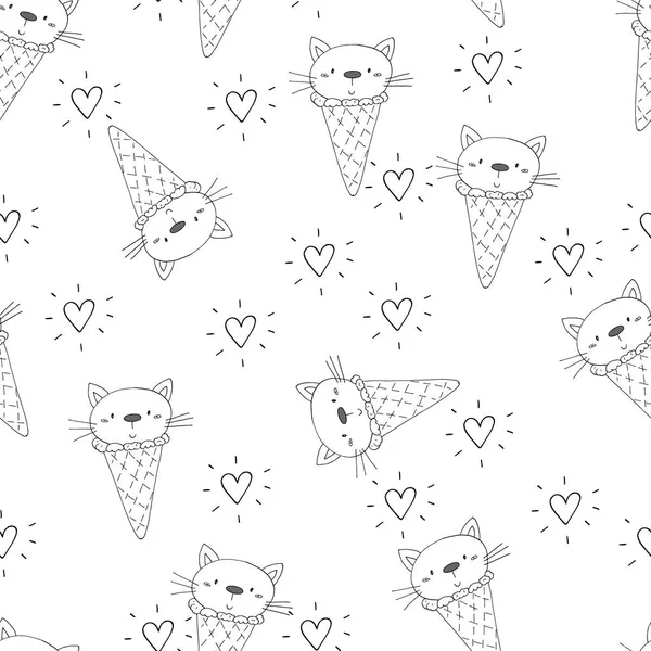 Şirin kedi ile çizilmiş seamless modeli el, Gösterim çocuklar vektör yazdırma amacıyla doodle