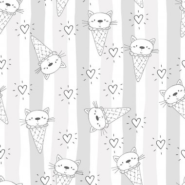Şirin kedi ile çizilmiş seamless modeli el, Gösterim çocuklar vektör yazdırma amacıyla doodle