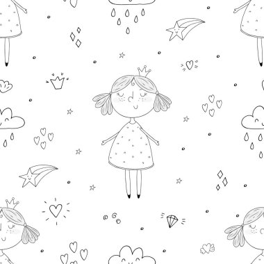 Şirin el sevimli küçük kız vektör Dikişsiz desen çizim ile çekilmiş