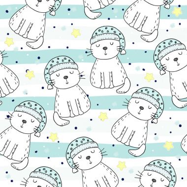 Şirin kedi ile çizilmiş seamless modeli el, Gösterim çocuklar vektör yazdırma amacıyla doodle