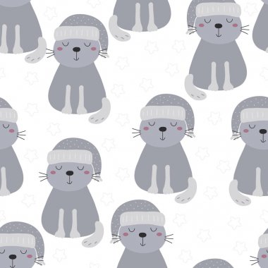 Şirin kedi ile çizilmiş seamless modeli el, Gösterim çocuklar vektör yazdırma amacıyla doodle