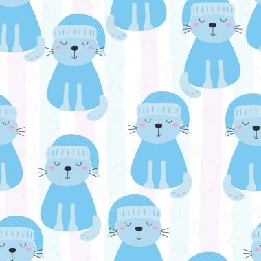 Şirin kedi ile çizilmiş seamless modeli el, Gösterim çocuklar vektör yazdırma amacıyla doodle