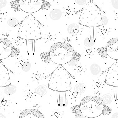 Şirin el sevimli küçük kız vektör Dikişsiz desen çizim ile çekilmiş