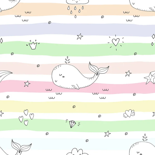 Cute background with cartoon whales. Baby shower design.