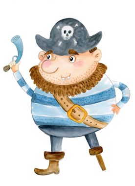 Elle çizilmiş şirin suluboya korsan. Suluboya elle çizilmiş cheldrens illüstrasyon karikatür tarzı