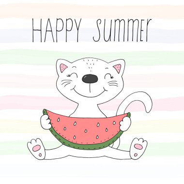 Vektör çizim ile sevimli çizgi kedi ve iwatermelon vektör çizim el çekilmiş