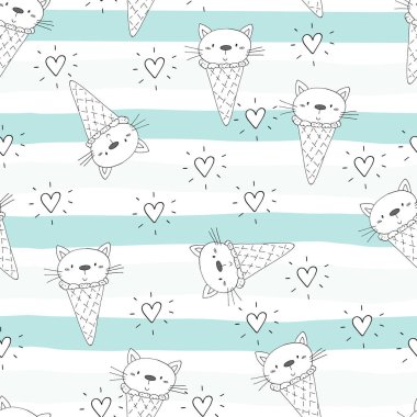 Şirin kedi ile çizilmiş seamless modeli el, Gösterim çocuklar vektör yazdırma amacıyla doodle