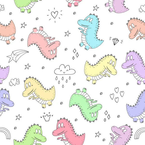 面白い恐竜とかわいいシームレス パターン。ベクトル図. — ストックベクタ