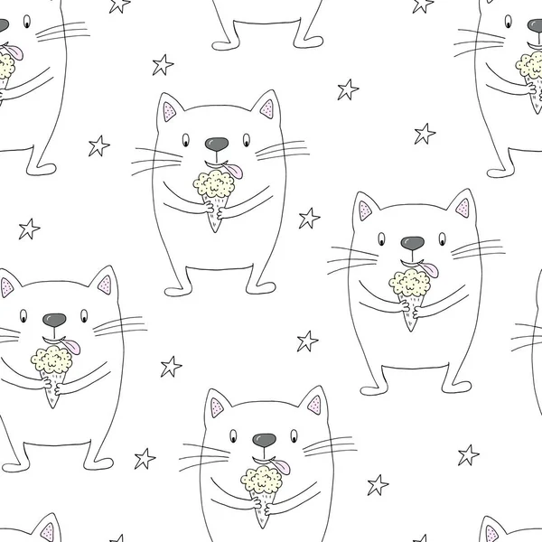 Dibujado a mano patrón sin costura con gato lindo, garabato ilustración para niños impresión vectorial — Vector de stock