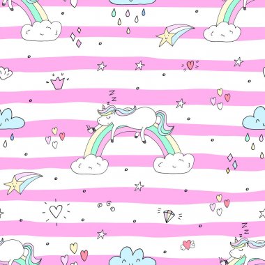 Şirin el tek boynuzlu at vektör desen çekilmiş. vektör çizim