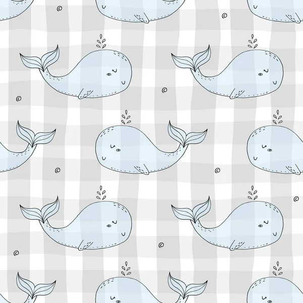 Roztomilý pozadí s kreslenými velryby. Baby sprcha design. — Stockový vektor