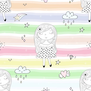 Şirin el sevimli küçük kız vektör Dikişsiz desen çizim ile çekilmiş