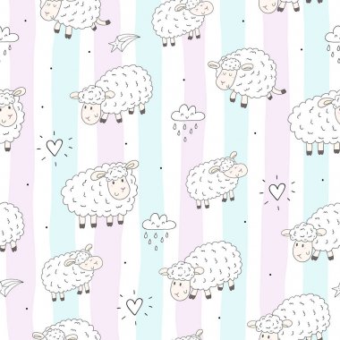 Komik koyun ile şirin seamless modeli. vektör çizim