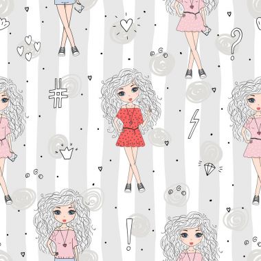 Şirin el sevimli küçük kız vektör Dikişsiz desen çizim ile çekilmiş