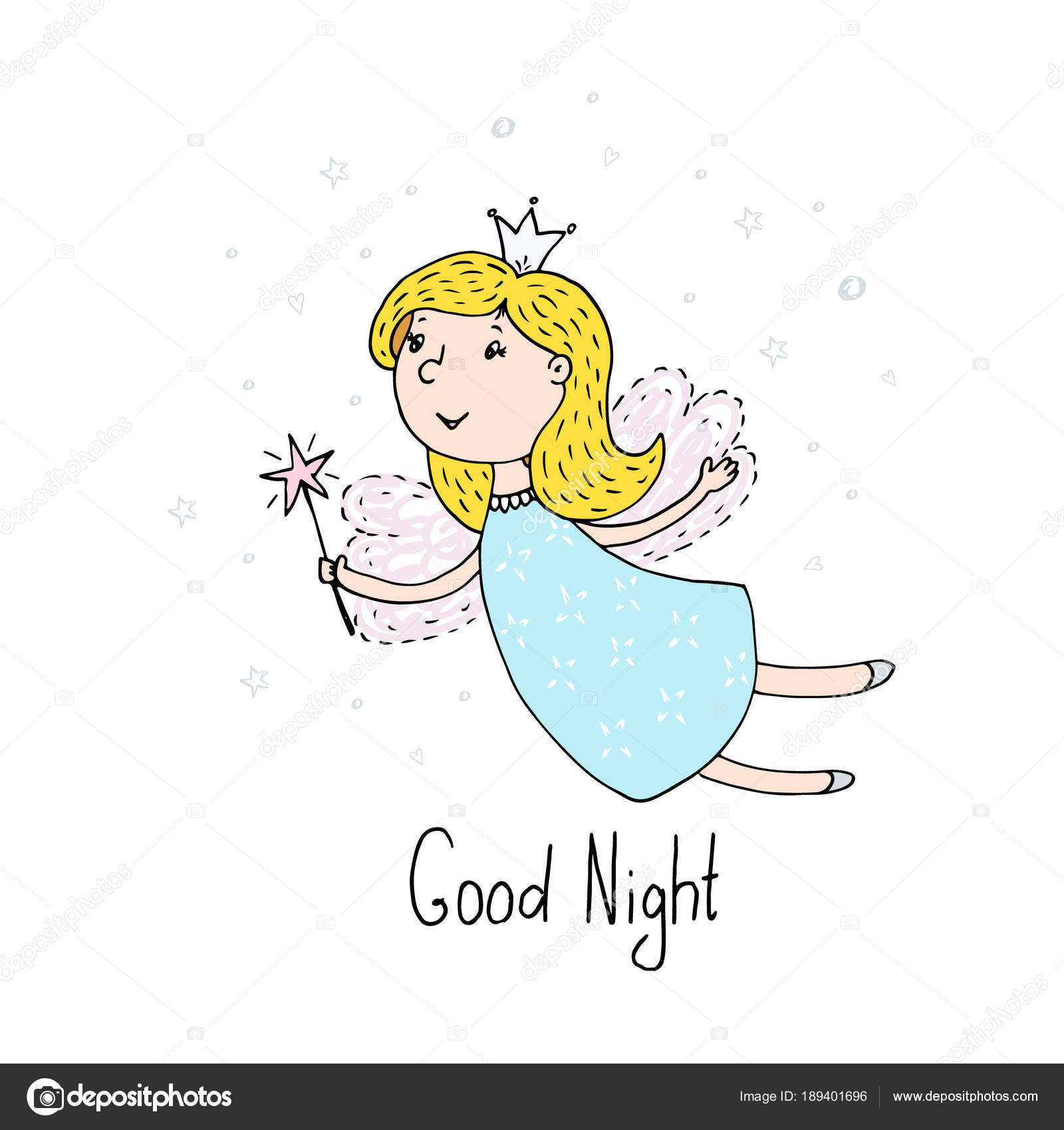Good night card. Hand Drawn cute cartoon Fairy vector illustration ...