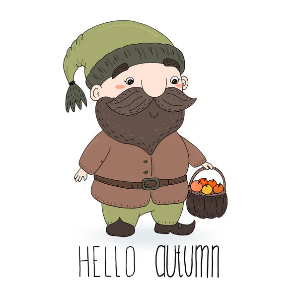 Hand drawn vector illustration with cute cartoon gnome. Hello autumn card. — Stock Vector