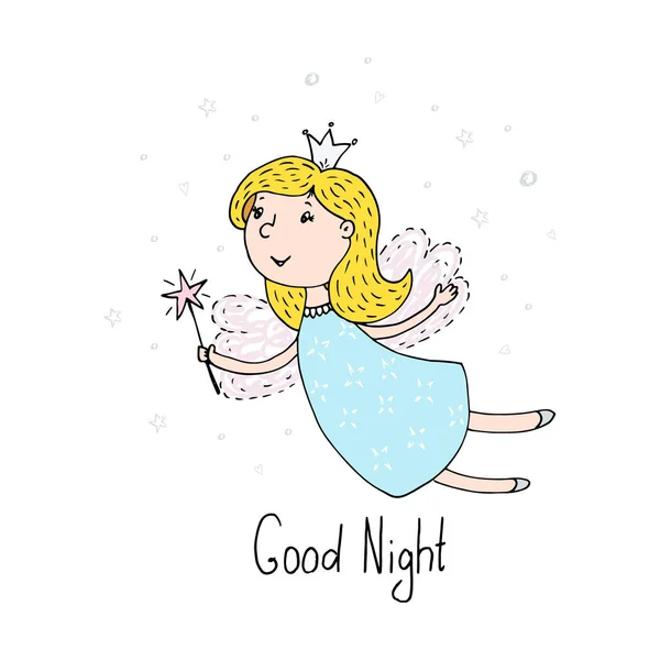 Goede nacht kaart. Hand getekende cute cartoon Fairy vectorillustratie — Stockvector