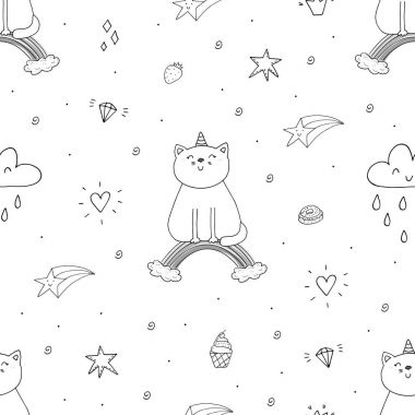 Bir gökkuşağı üzerinde şirin kedi ile çizilmiş seamless modeli el, çocuklar için illüstrasyon doodle, vektör yazdırma.