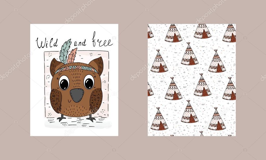 Hand drawn vector illustration with Cute vector owl