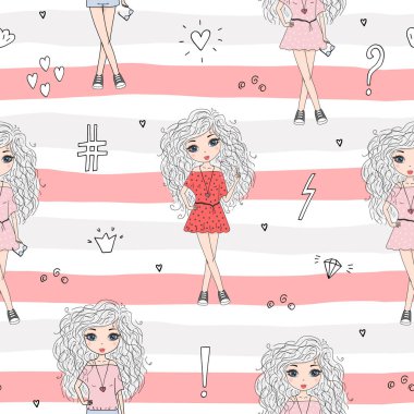 Şirin el sevimli küçük kız vektör Dikişsiz desen çizim ile çekilmiş