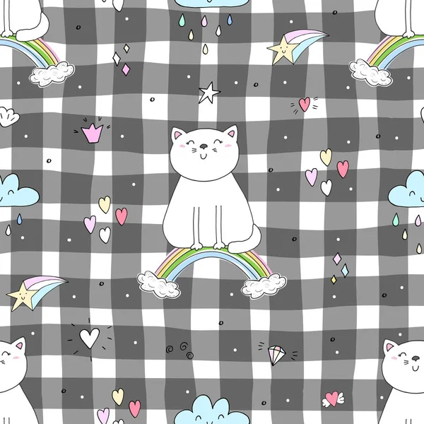 Hand getekende naadloze patroon met schattige kat op een regenboog, doodle illustratie voor kinderen vector afdrukken — Stockvector