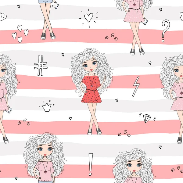 Şirin el sevimli küçük kız vektör Dikişsiz desen çizim ile çekilmiş