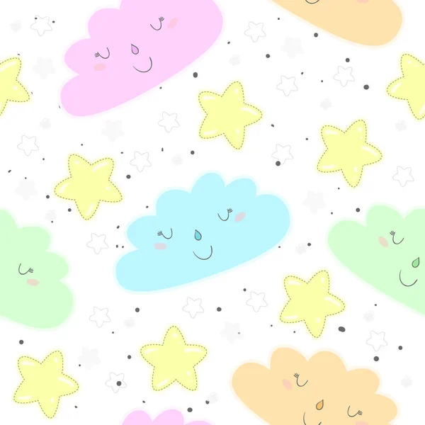 Nubes sin costura y estrellas patrón vector ilustración — Vector de stock