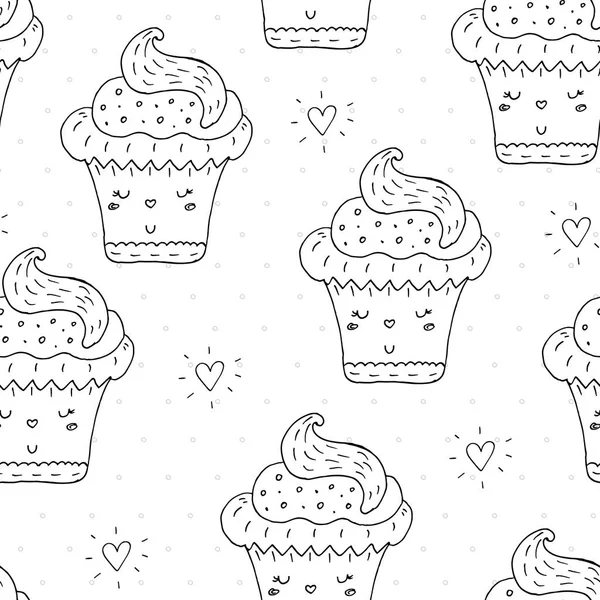 Schattig hand getekende naadloze patroon met cupcake patroon. vectorillustratie. — Stockvector