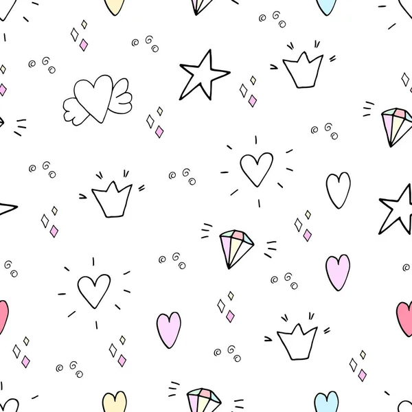 Muster mit handgezeichneten Herzen und Sternen. — Stockvektor