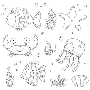 İllüstrasyon vektör doodle deniz yaşamının öğeleri kümesi. Sualtı dünya koleksiyonu. Simgeler ve semboller el kroki çizimi