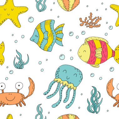 İllüstrasyon vektör doodle deniz yaşamı unsurlarının seamless modeli ayarlayın. Sualtı dünya koleksiyonu.